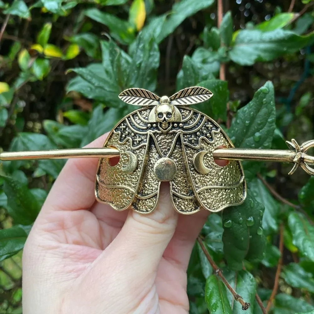 Gothic Death Moth Hair Accessory Antique Gold Tone Engraved Details
